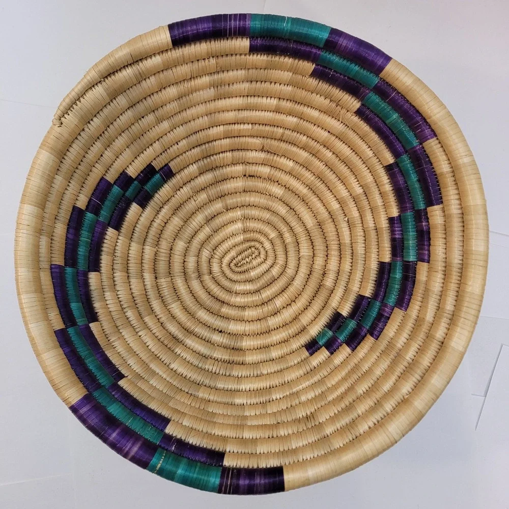 Woven Basket Bowl Home Decor Purple Teal Tan Handcrafted Coiled 9in Weave
